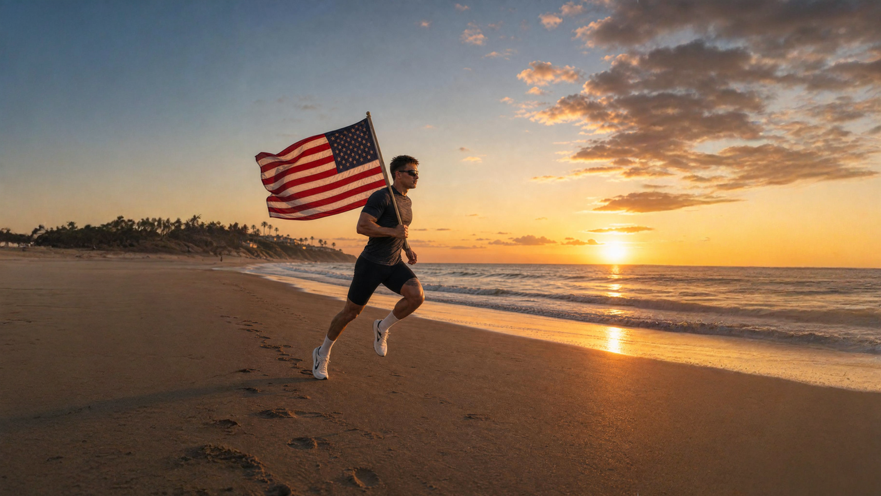 Runner carrying the American flag along the coast at sunrise